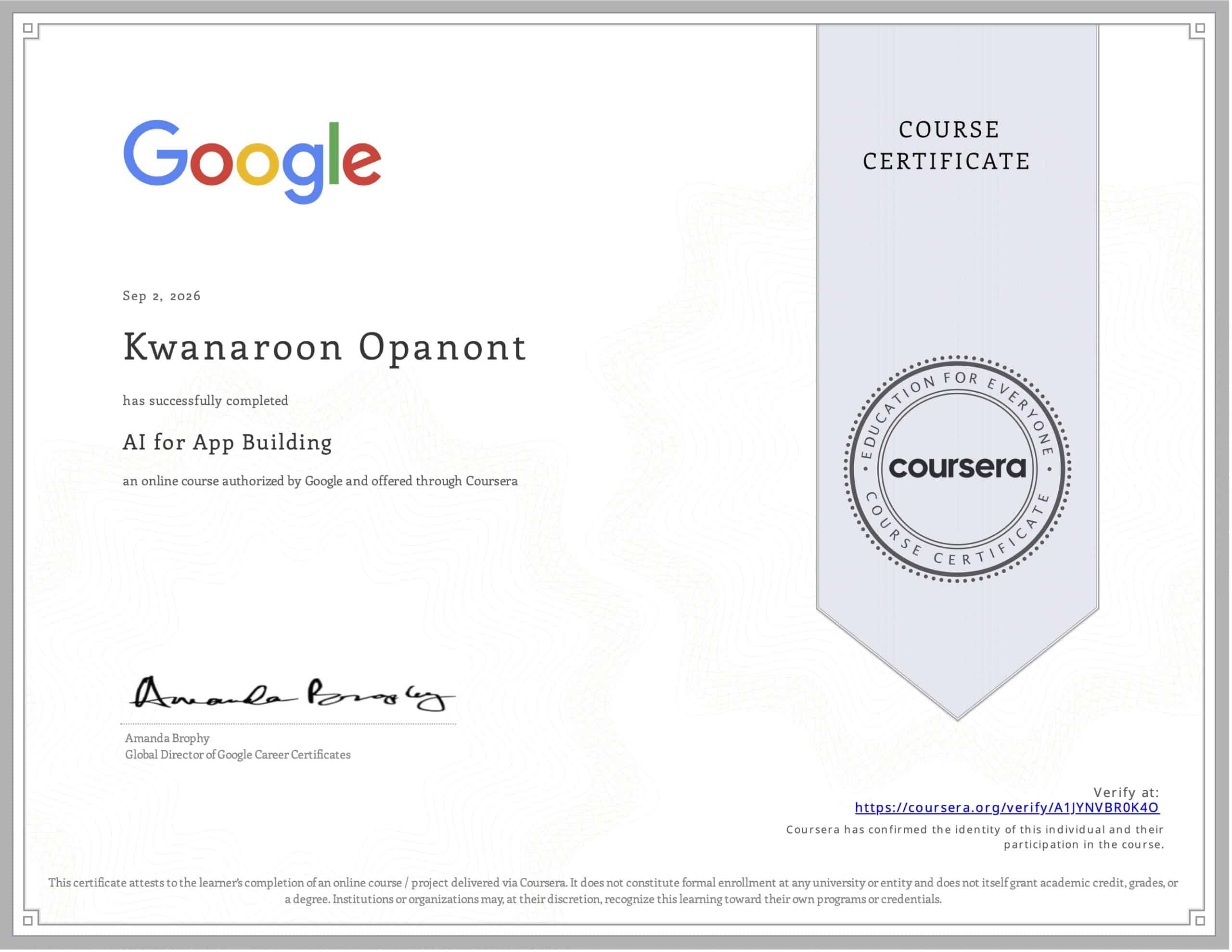 AI for App Building Certificate - kwanaroon opanont - startup now academy