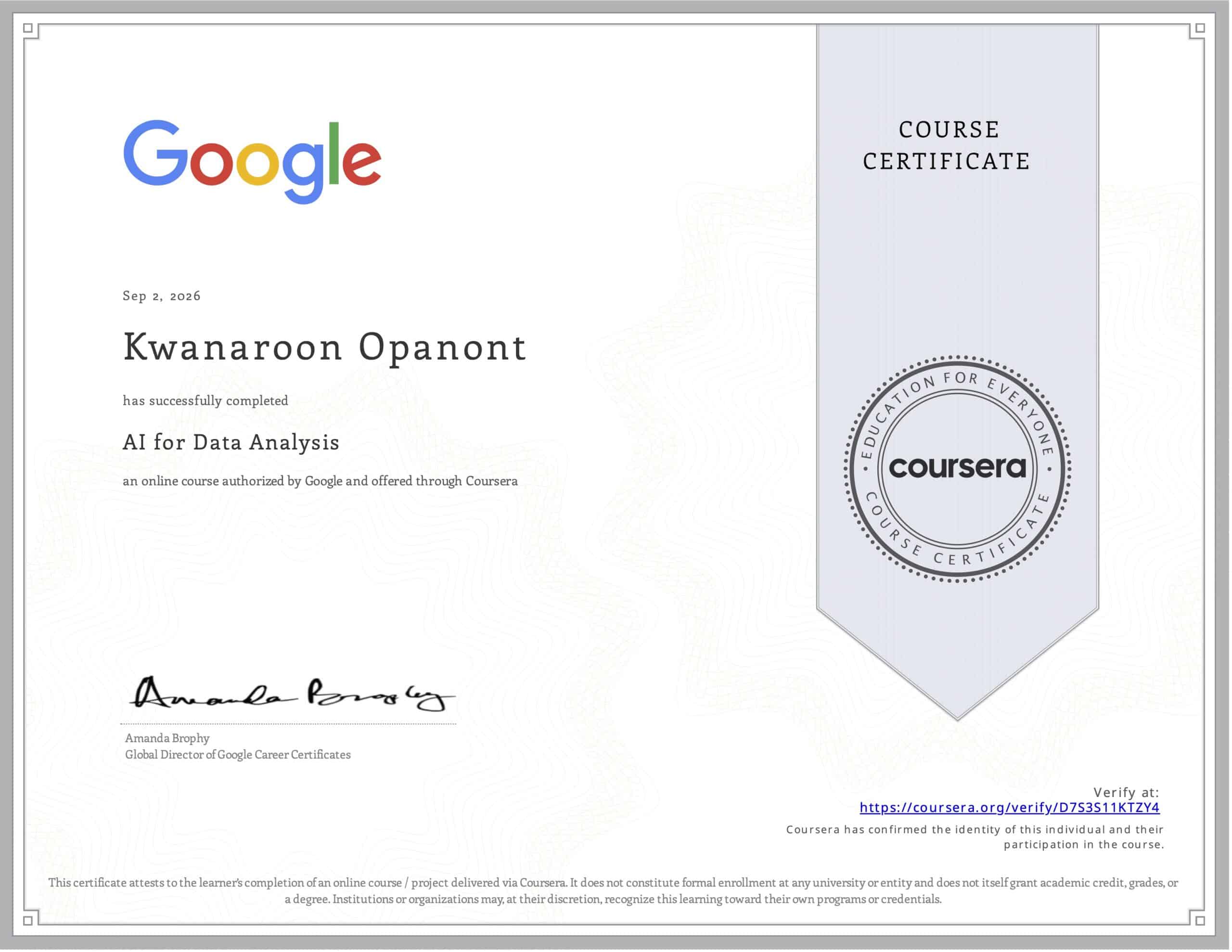 AI for Data Analysis Certificate - kwanaroon opanont - startup now academy