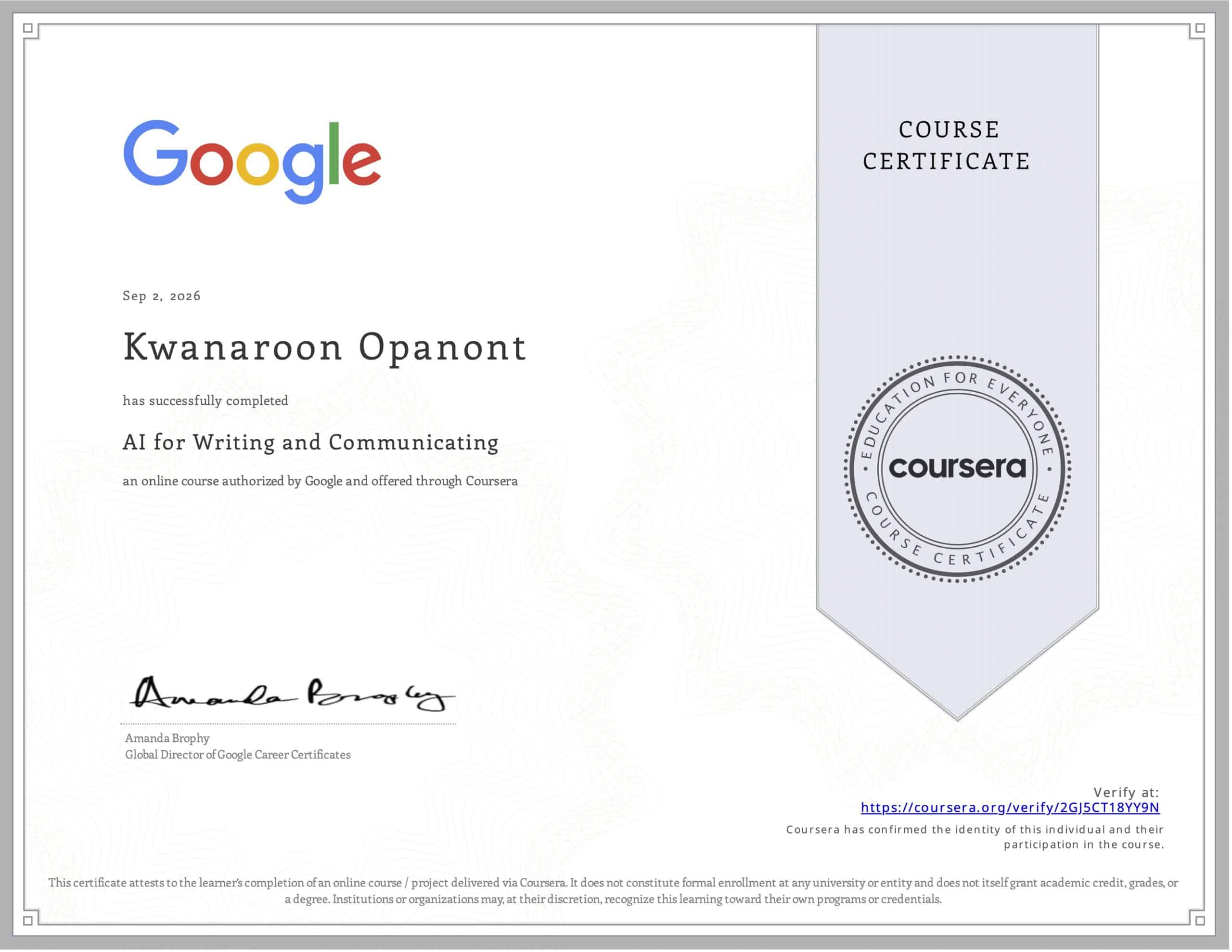 AI for Writing and Communicating Certificate - kwanaroon opanont - startup now academy
