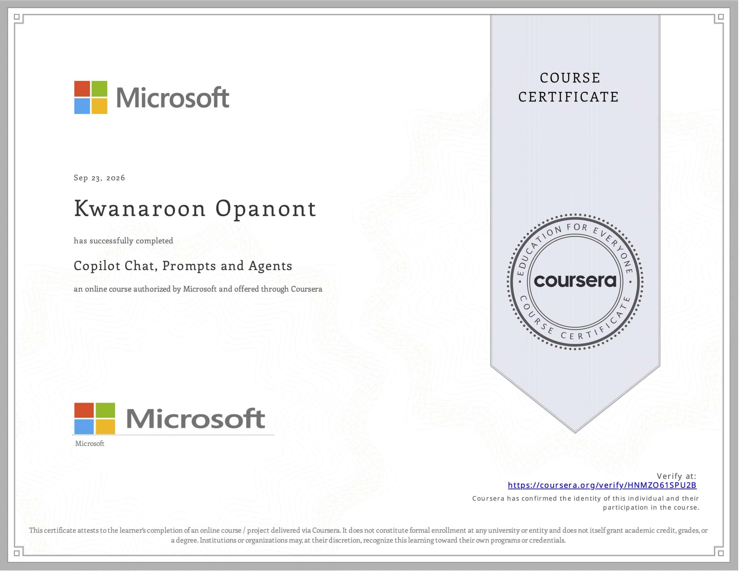 kwanaroon opanont certificate - microsoft copilot