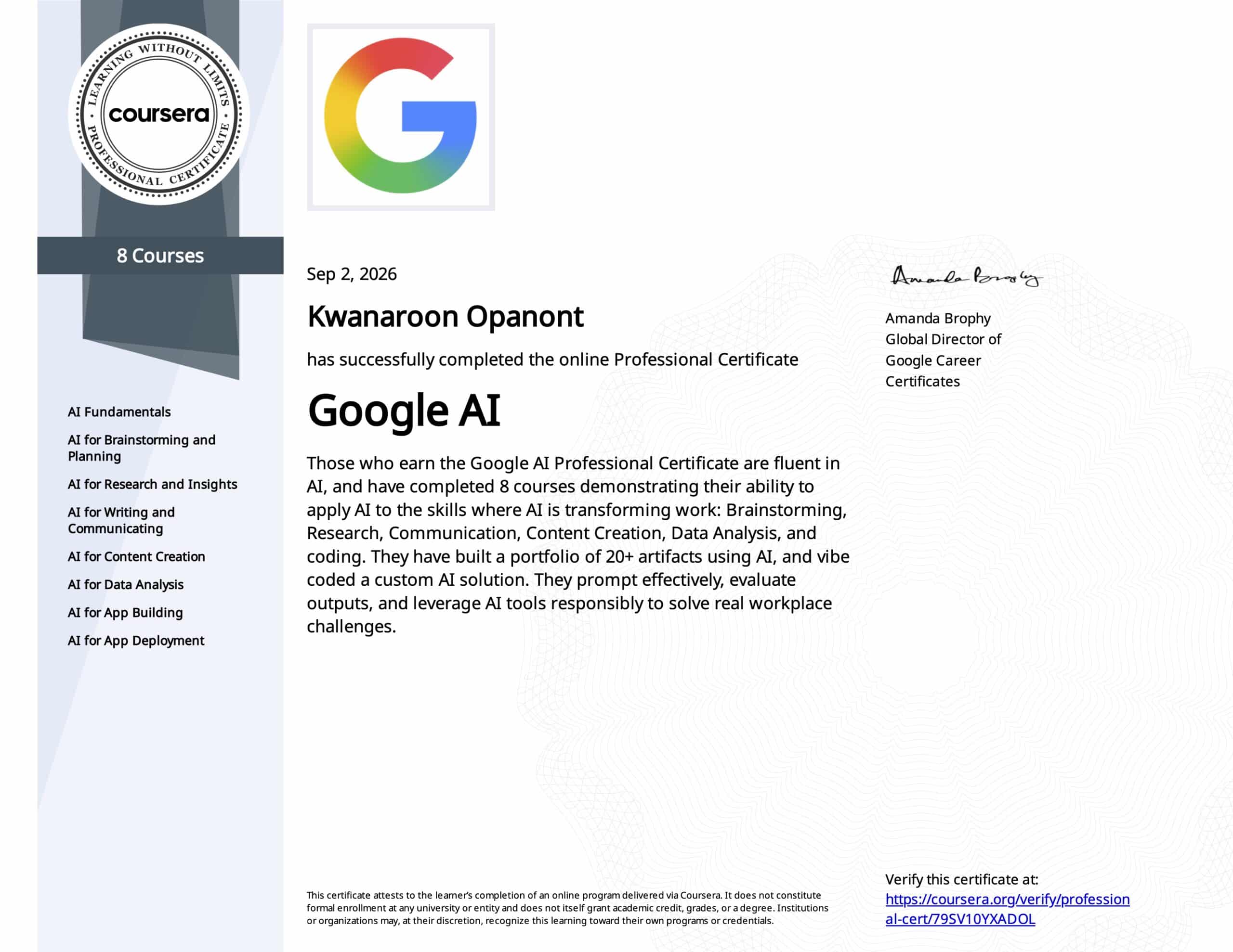 Google AI Professional Certificate - kwanaroon opanont - startup now academy