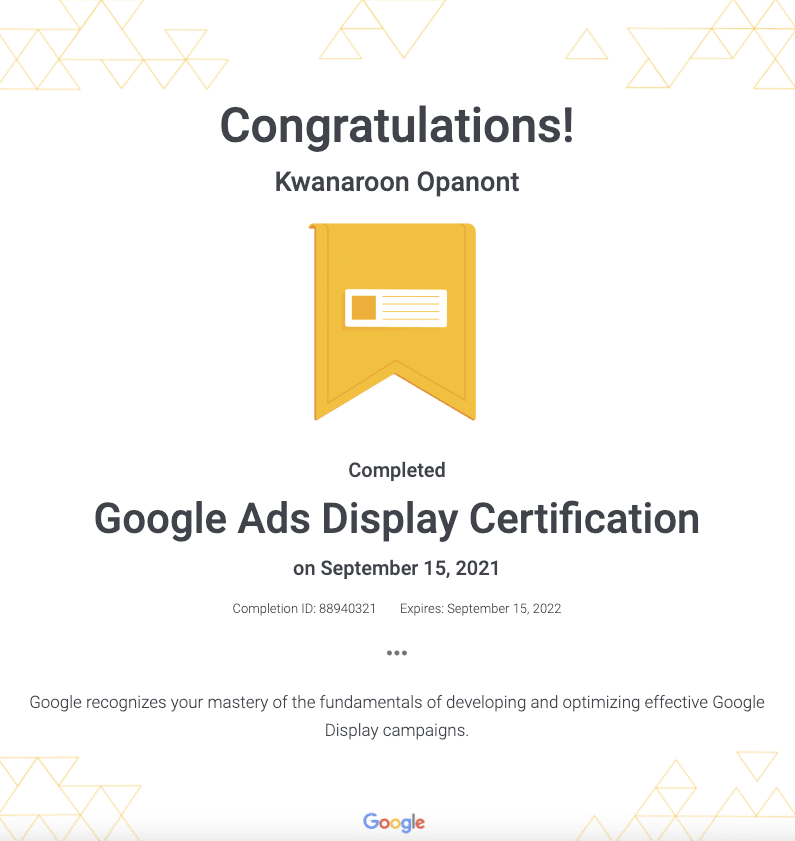Google Display Ads Certificate - kwanaroon opanont - startup now academy