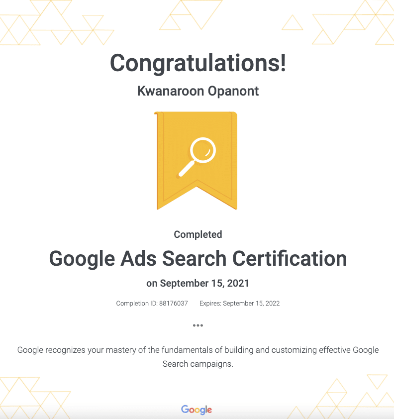 Google Search Ads Certificate - kwanaroon opanont - startup now academy