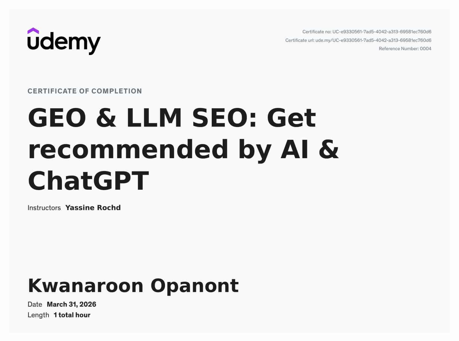 certificate - kwanaroon opanont - geo llm seo aeo udemy
